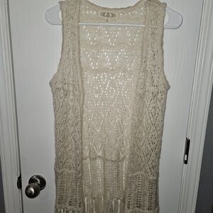 Pink Rose Beige  Crochet Vest With Fringe